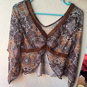 Brown lace trim blouse top.